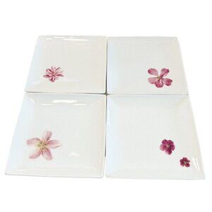 CALVIN KLEIN Four Ceramic Appetizer Salad Dessert Square Plates Floral Pink 6.5"